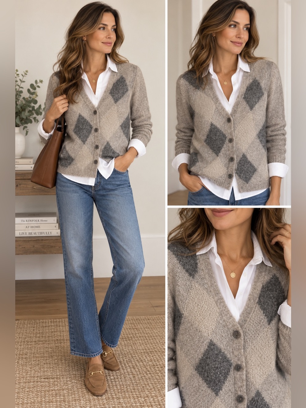 J.Crew Argyle V-Neck Cardigan Sweater Supersoft Alpaca Wool Blend Neutral Small